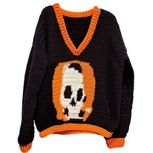 Handmade Crocheted V-neck Skull Sweater Halloween Orange Black Oversized Plus 3X